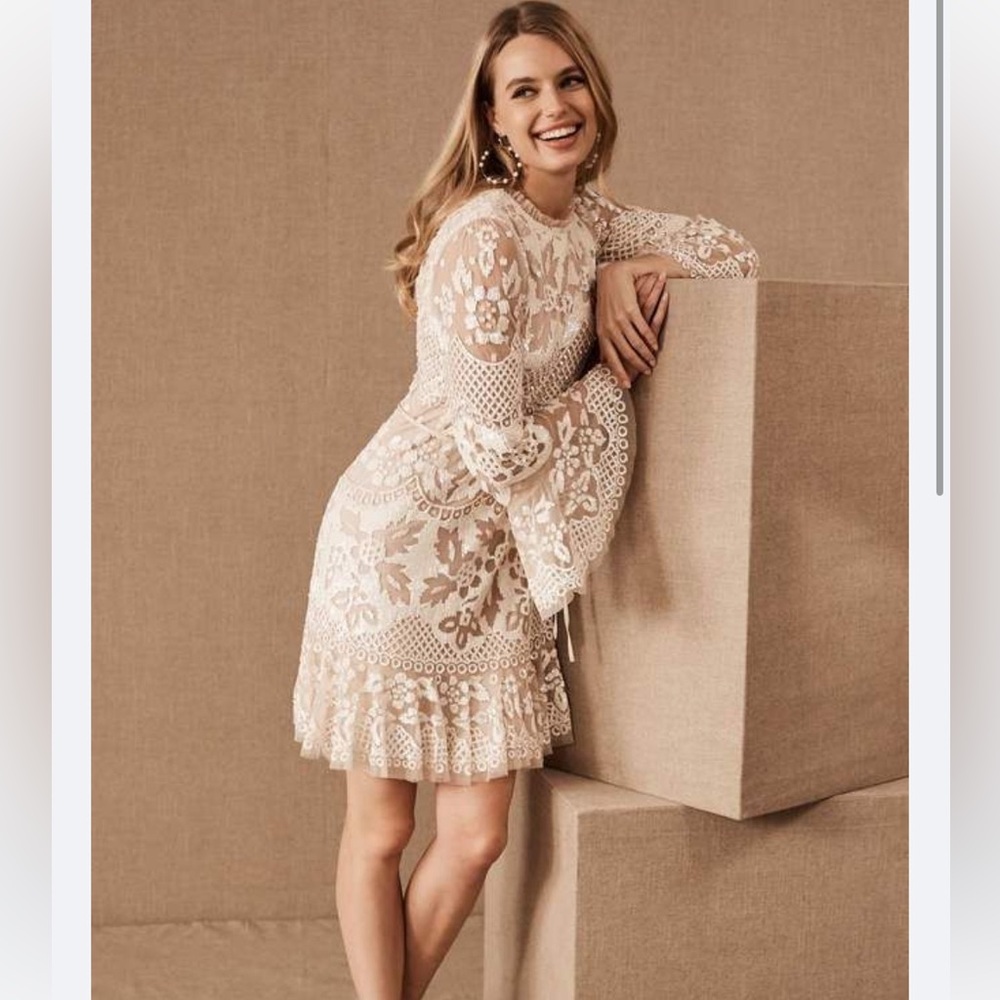 Needle & Thread Snowdrop Sequin Embellished Mini Dress in Ivory Cream Sz 6